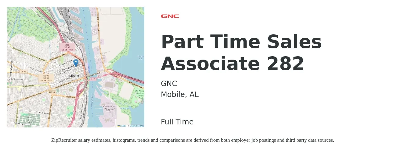 GNC job posting for a Part Time Sales Associate 282 in Mobile, AL with a salary of $14 to $19 Hourly with a map of Mobile location.