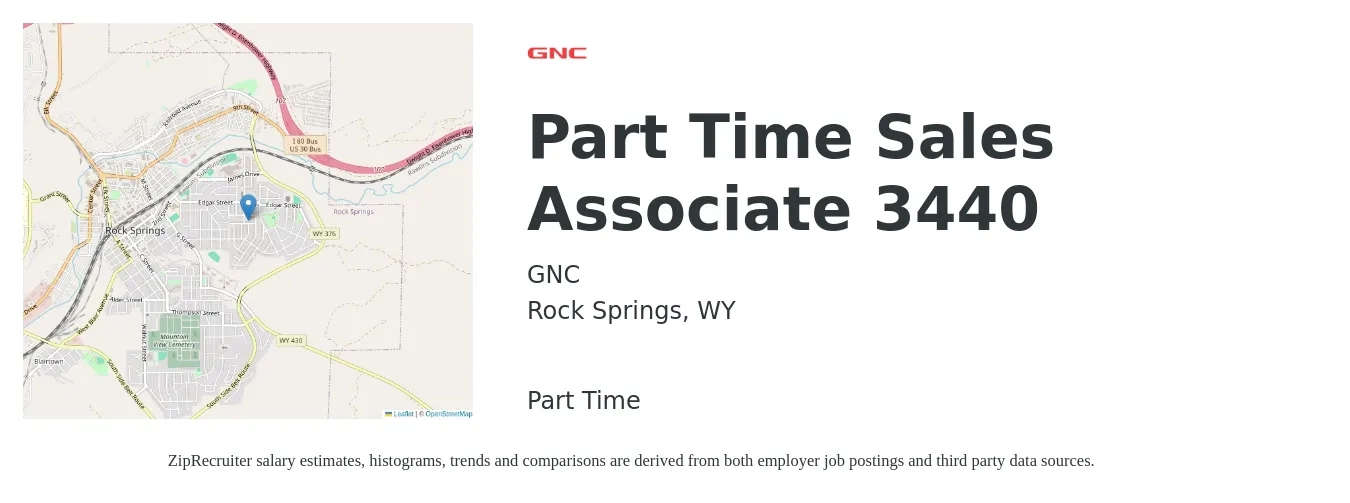 GNC job posting for a Part Time Sales Associate 3440 in Rock Springs, WY with a salary of $15 to $17 Hourly with a map of Rock Springs location.