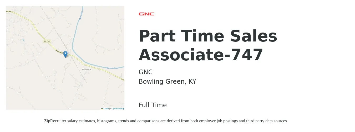 GNC job posting for a Part Time Sales Associate-747 in Bowling Green, KY with a salary of $14 to $18 Hourly with a map of Bowling Green location.