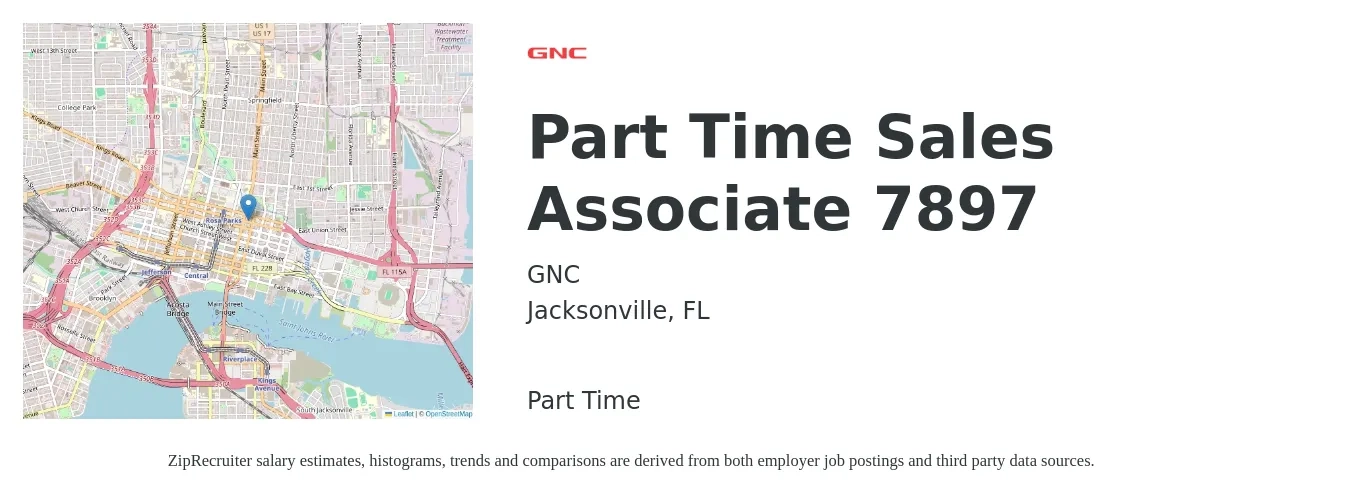 GNC job posting for a Part Time Sales Associate 7897 in Jacksonville, FL with a salary of $13 to $18 Hourly with a map of Jacksonville location.