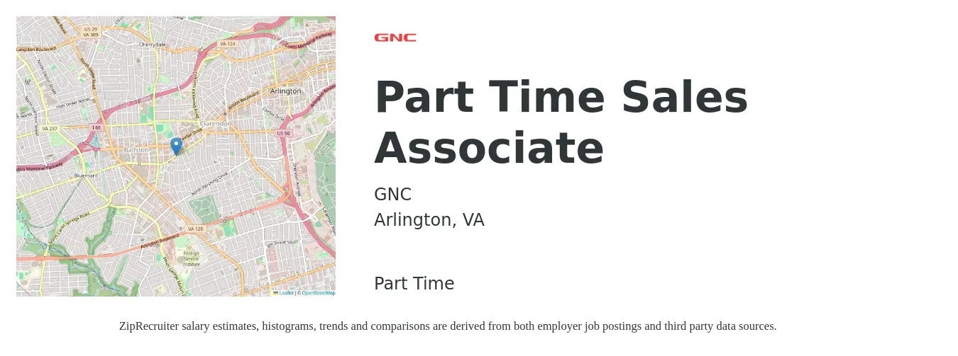 GNC job posting for a Part Time Sales Associate in Arlington, VA with a salary of $16 to $22 Hourly with a map of Arlington location.
