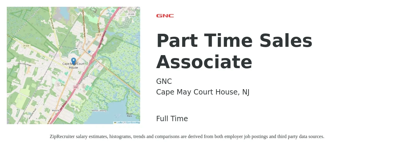 GNC job posting for a Part Time Sales Associate in Cape May Court House, NJ with a salary of $14 to $19 Hourly with a map of Cape May Court House location.