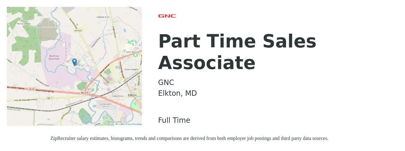 GNC job posting for a Part Time Sales Associate in Elkton, MD with a salary of $14 to $18 Hourly with a map of Elkton location.