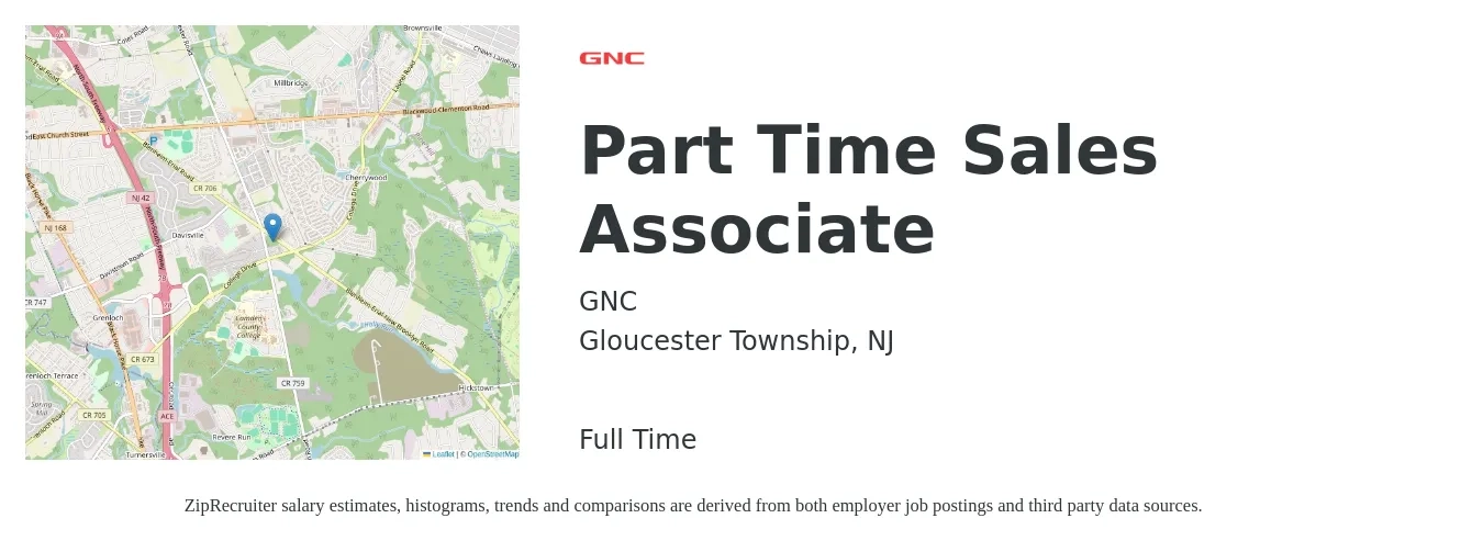 GNC job posting for a Part Time Sales Associate in Gloucester Township, NJ with a salary of $14 to $19 Hourly with a map of Gloucester Township location.