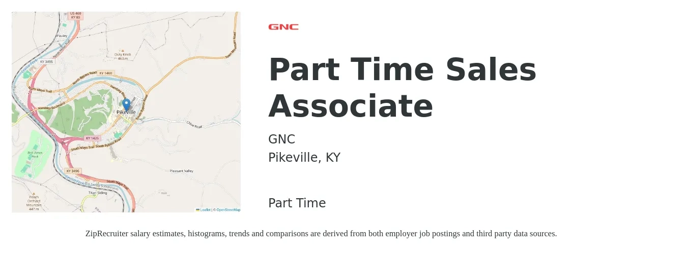 GNC job posting for a Part Time Sales Associate in Pikeville, KY with a salary of $13 to $18 Hourly with a map of Pikeville location.