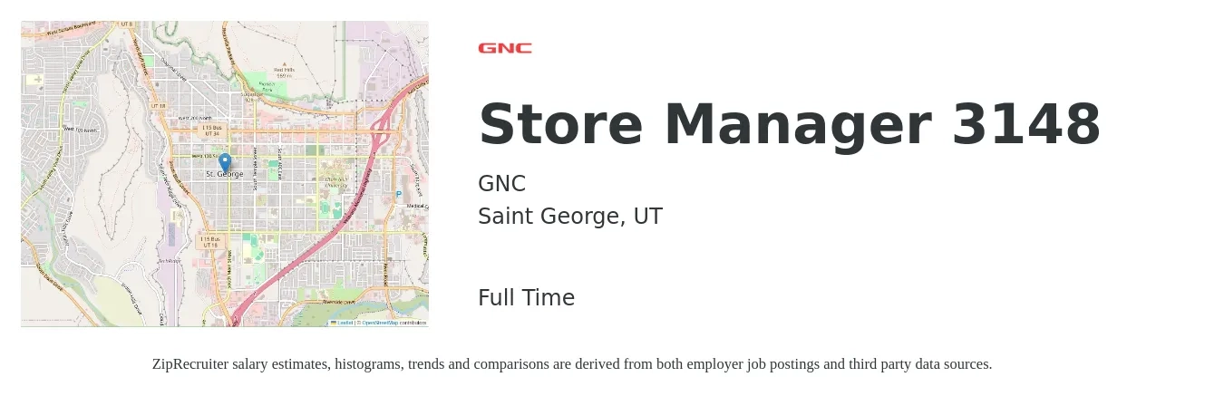 GNC job posting for a Store Manager 3148 in Saint George, UT with a salary of $39,200 to $60,900 Yearly with a map of Saint George location.