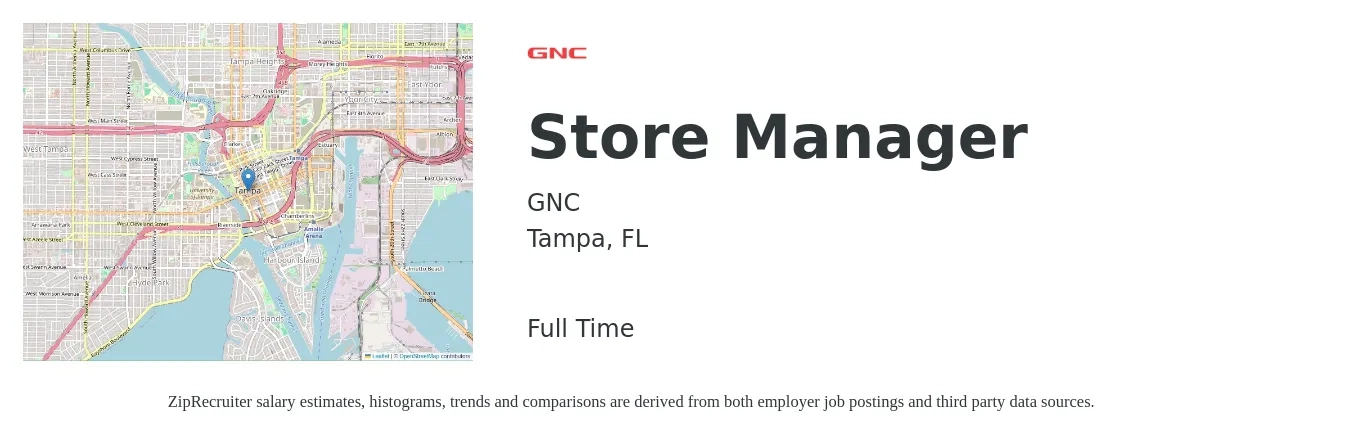 GNC job posting for a Store Manager in Tampa, FL with a salary of $39,200 to $61,000 Yearly with a map of Tampa location.