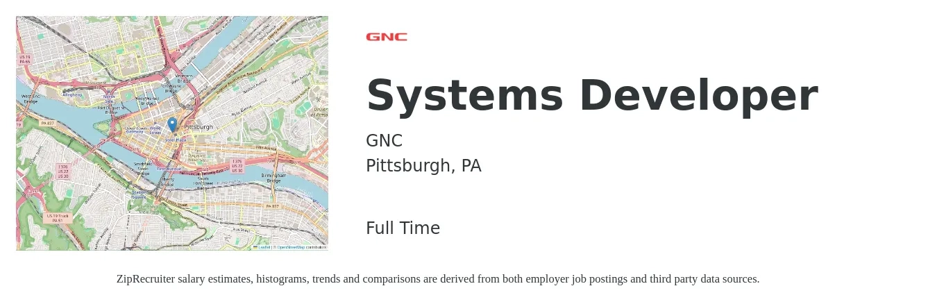 GNC job posting for a Systems Developer in Pittsburgh, PA with a salary of $42 to $58 Hourly with a map of Pittsburgh location.