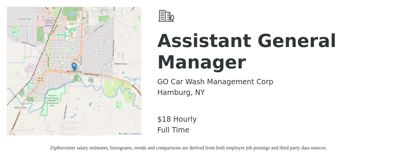 GO Car Wash Management Corp job posting for a Assistant General Manager in Hamburg, NY with a salary of $19 Hourly with a map of Hamburg location.