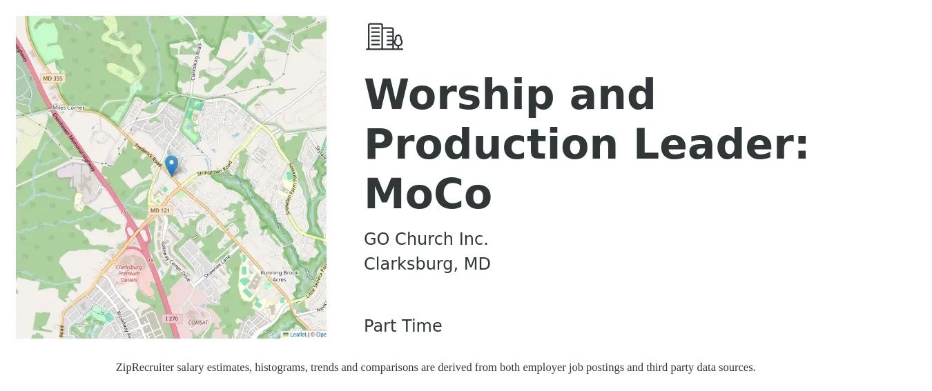 GO Church Inc. job posting for a Worship and Production Leader: MoCo in Clarksburg, MD with a salary of $33,000 to $58,800 Yearly with a map of Clarksburg location.