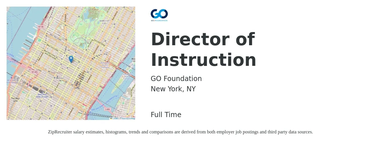 GO Foundation job posting for a Director of Instruction in New York, NY with a salary of $56,900 to $112,700 Yearly with a map of New York location.
