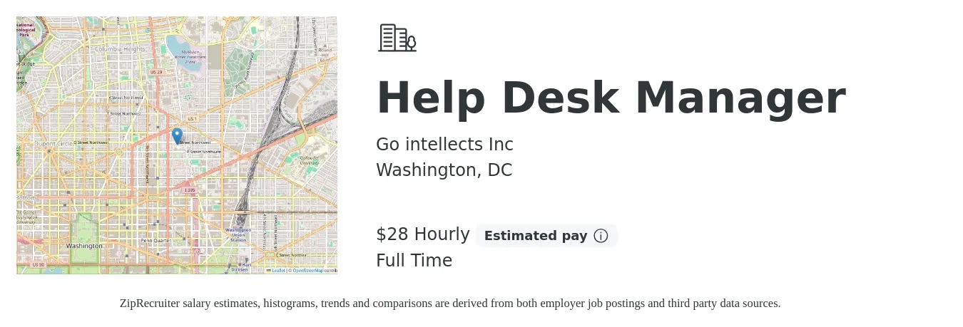 Go intellects Inc job posting for a Help Desk Manager in Washington, DC with a salary of $30 Hourly with a map of Washington location.