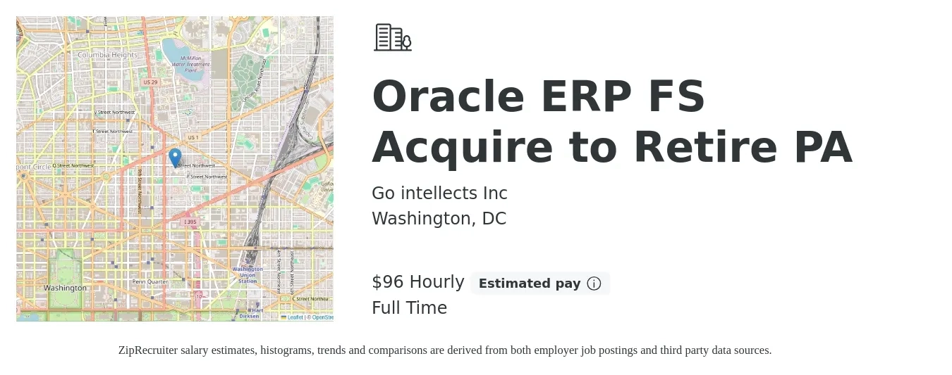 Go intellects Inc job posting for a Oracle ERP FS Acquire to Retire PA in Washington, DC with a salary of $100 Hourly with a map of Washington location.