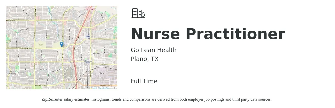 Go Lean Health job posting for a Nurse Practitioner in Plano, TX with a salary of $103,400 to $143,600 Yearly with a map of Plano location.