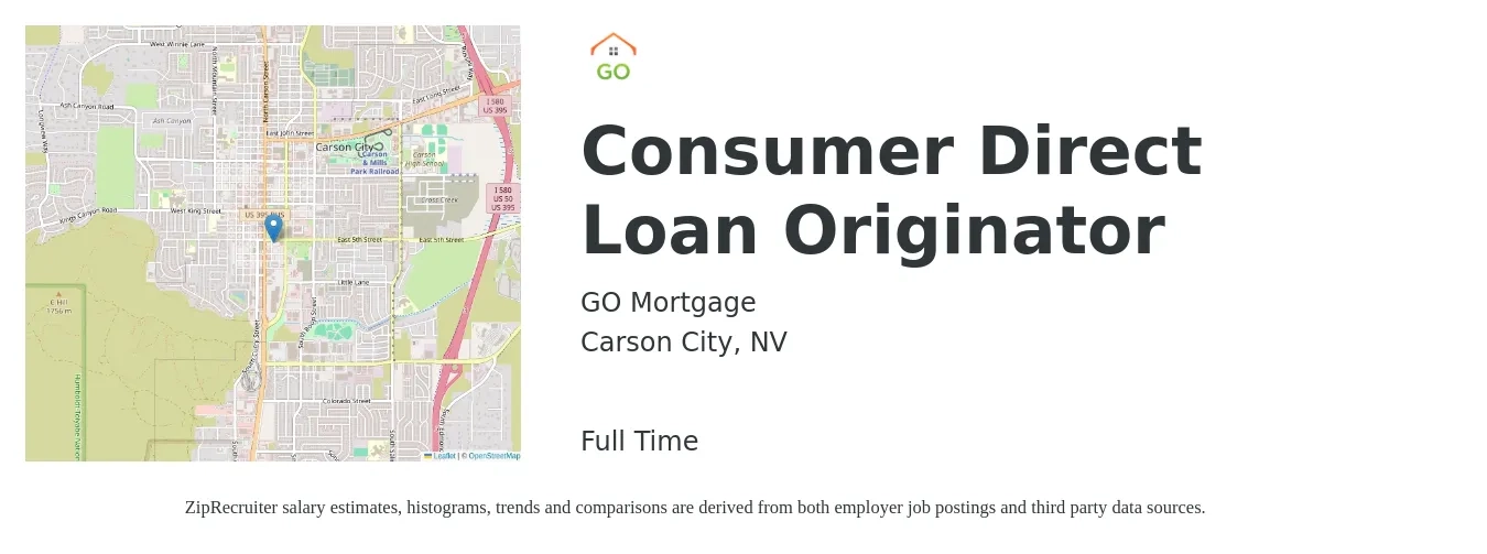 GO Mortgage job posting for a Consumer Direct Loan Originator in Carson City, NV with a salary of $76,900 to $93,000 Yearly with a map of Carson City location.