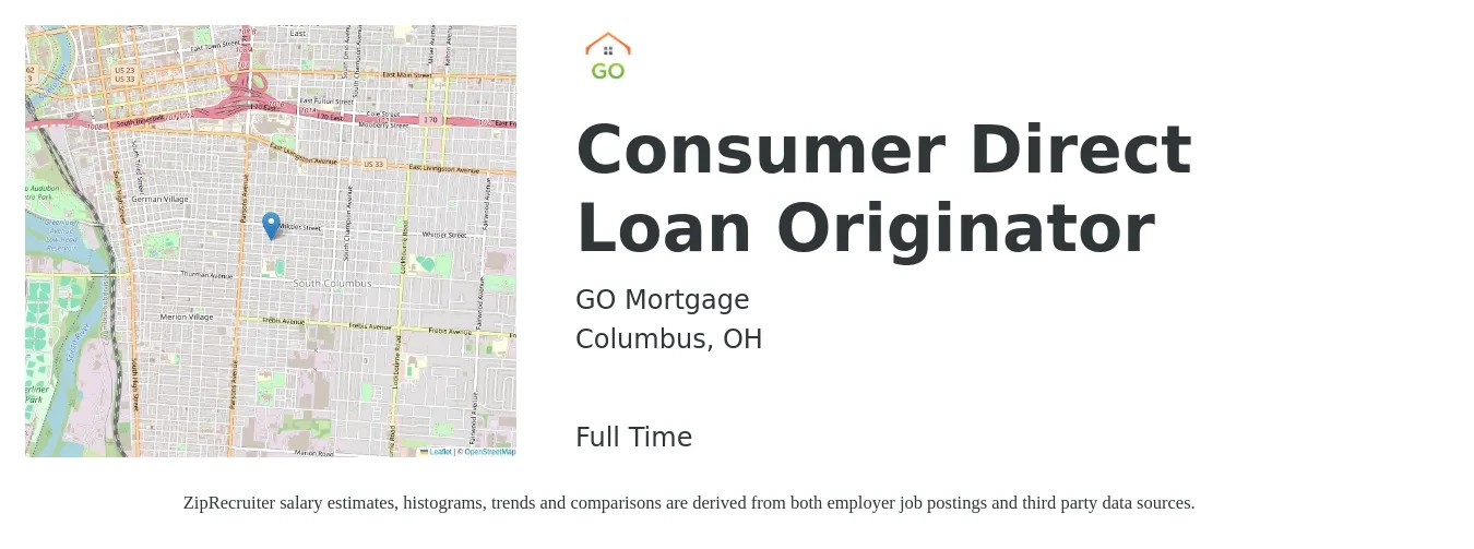 GO Mortgage job posting for a Consumer Direct Loan Originator in Columbus, OH with a salary of $73,700 to $89,200 Yearly with a map of Columbus location.