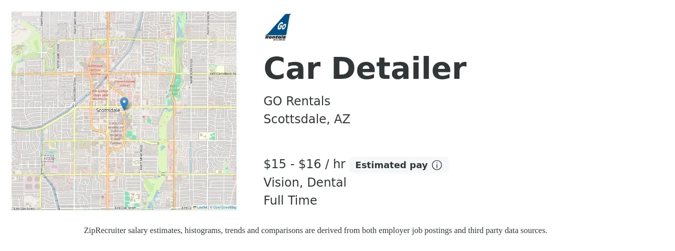 GO Rentals job posting for a Car Detailer in Scottsdale, AZ with a salary of $16 to $17 Hourly and benefits including pto, retirement, vision, dental, and life_insurance with a map of Scottsdale location.