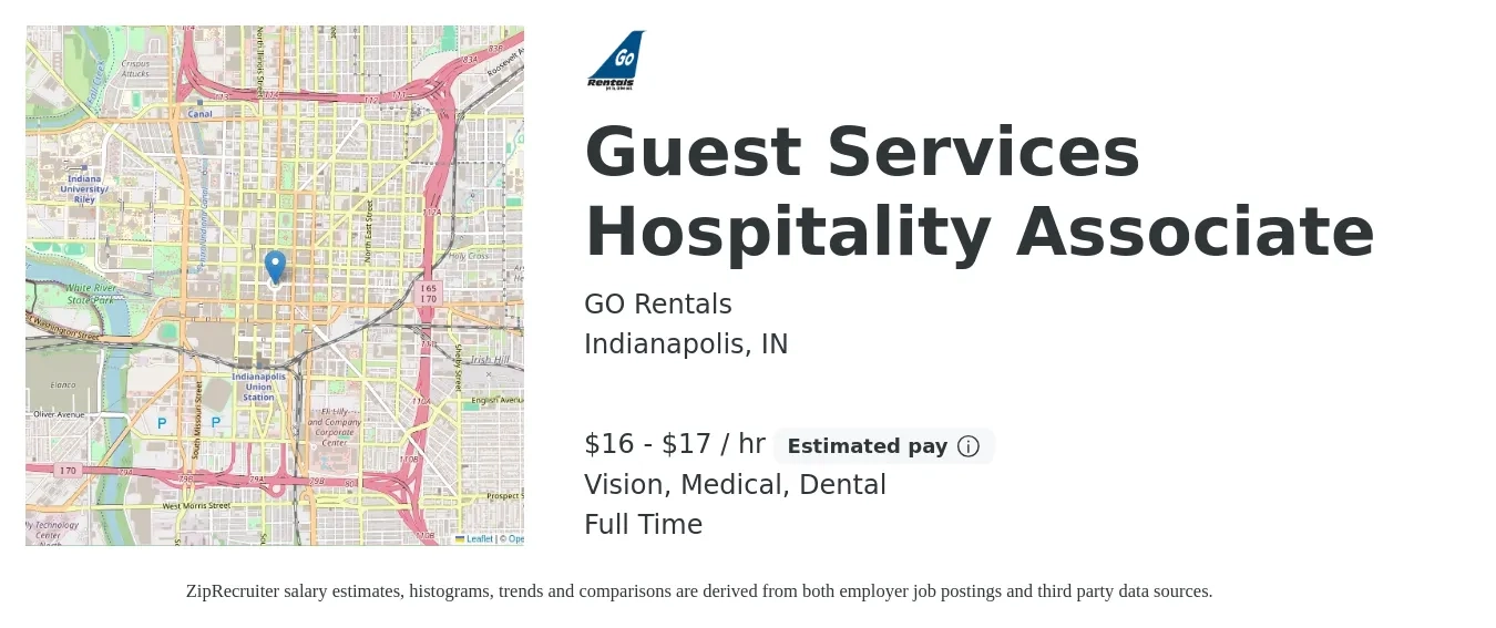 GO Rentals job posting for a Guest Services Hospitality Associate in Indianapolis, IN with a salary of $17 to $18 Hourly (plus commission) and benefits including dental, life_insurance, medical, pto, retirement, and vision with a map of Indianapolis location.