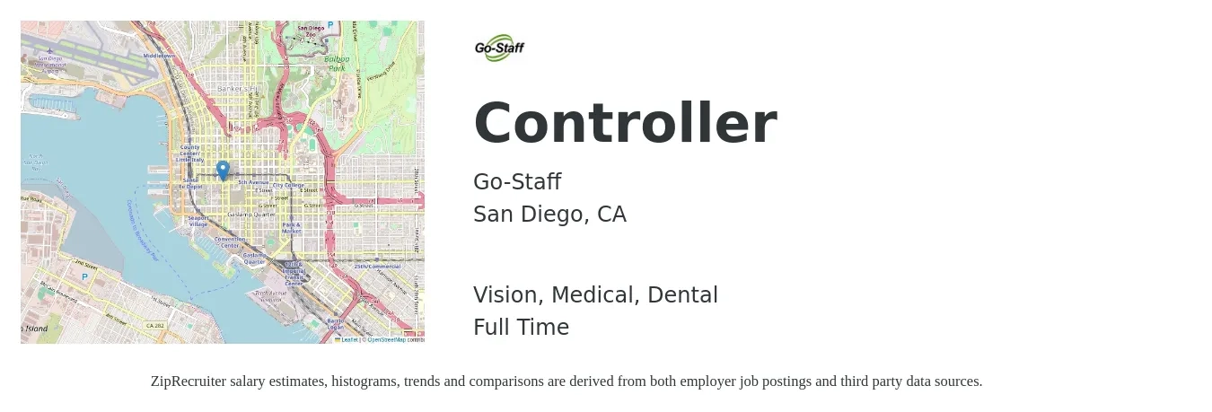 Go-Staff job posting for a Controller in San Diego, CA with a salary of $103,000 to $147,000 Yearly and benefits including dental, medical, and vision with a map of San Diego location.
