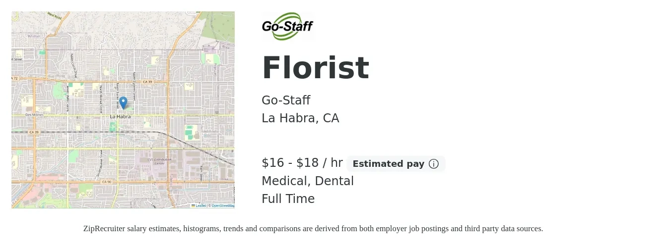 Go-Staff job posting for a Florist in La Habra, CA with a salary of $18 to $19 Hourly and benefits including dental, and medical with a map of La Habra location.