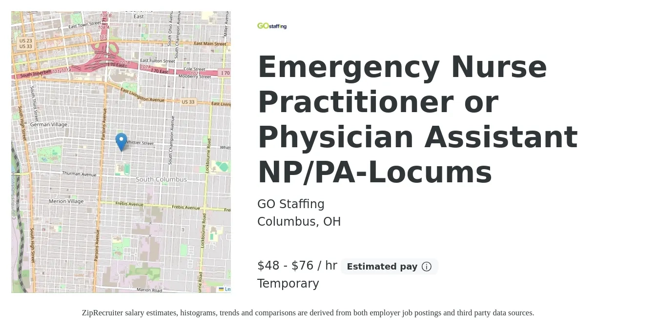 GO Staffing job posting for a Emergency Nurse Practitioner or Physician Assistant NP/PA-Locums in Columbus, OH with a salary of $50 to $80 Hourly with a map of Columbus location.
