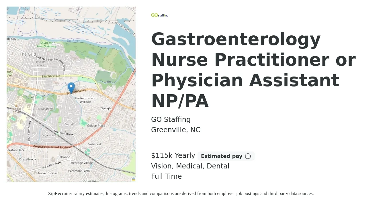 GO Staffing job posting for a Gastroenterology Nurse Practitioner or Physician Assistant NP/PA in Greenville, NC with a salary of $115,000 Yearly and benefits including medical, vision, dental, and life_insurance with a map of Greenville location.