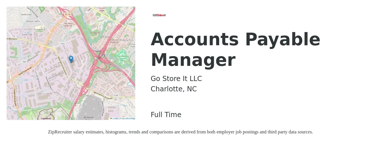 Go Store It LLC job posting for a Accounts Payable Manager in Charlotte, NC with a salary of $62,400 to $85,700 Yearly with a map of Charlotte location.