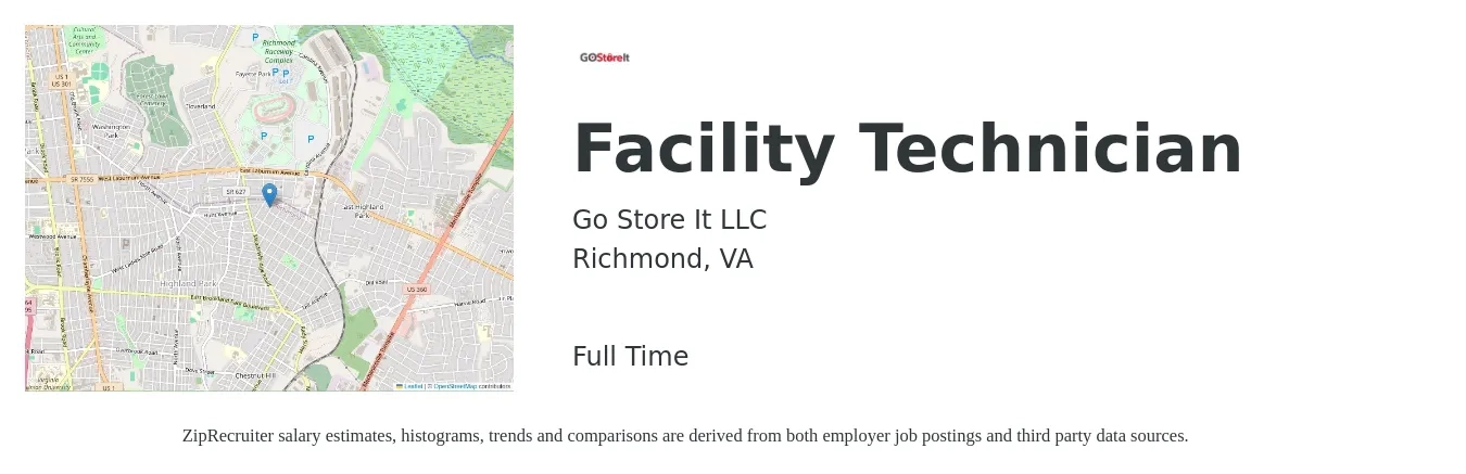 Go Store It LLC job posting for a Facility Technician in Richmond, VA with a salary of $20 to $27 Hourly with a map of Richmond location.