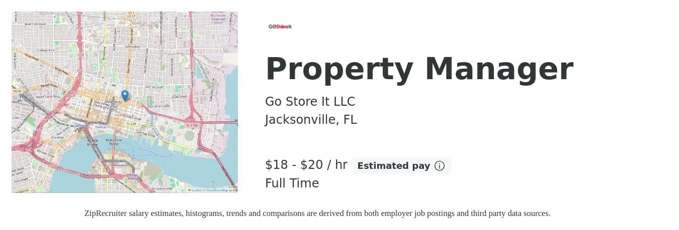 Go Store It LLC job posting for a Property Manager in Jacksonville, FL with a salary of $19 to $21 Hourly with a map of Jacksonville location.