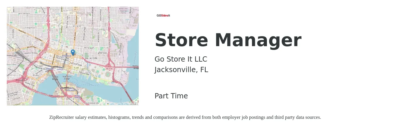 Go Store It LLC job posting for a Store Manager in Jacksonville, FL with a salary of $37,300 to $58,000 Yearly with a map of Jacksonville location.