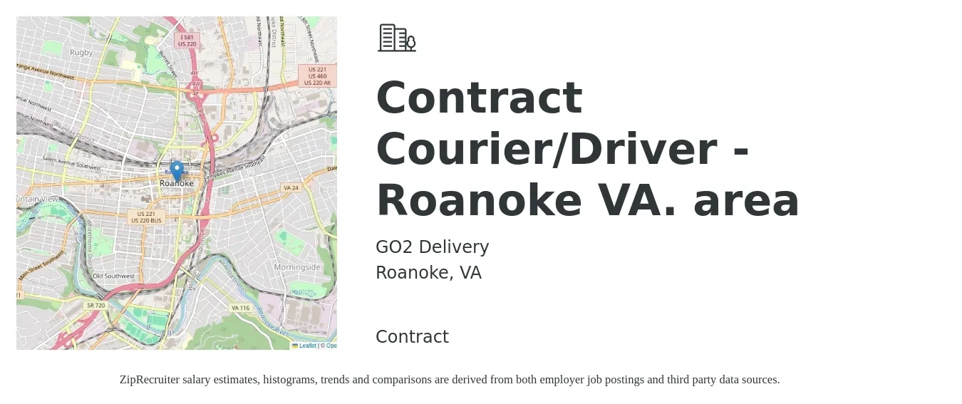 GO2 Delivery job posting for a Contract Courier/Driver - Roanoke VA. area in Roanoke, VA with a salary of $50 to $300 Daily with a map of Roanoke location.