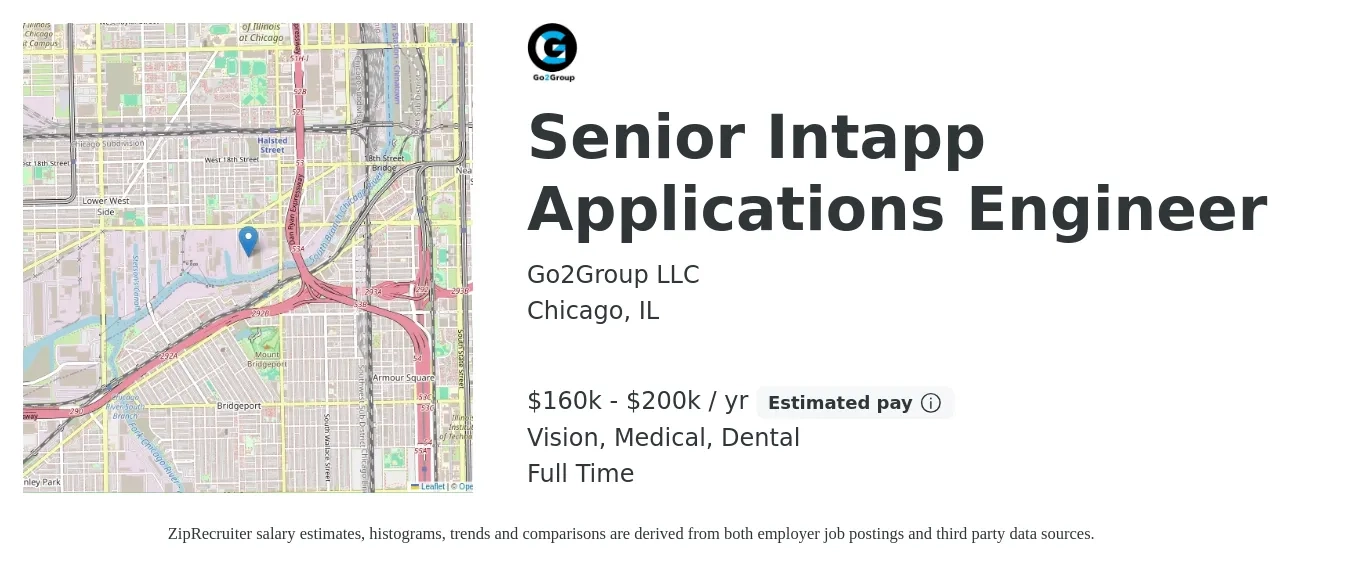Go2Group LLC job posting for a Senior Intapp Applications Engineer in Chicago, IL with a salary of $160,000 to $200,000 Yearly and benefits including dental, life_insurance, medical, pto, retirement, and vision with a map of Chicago location.