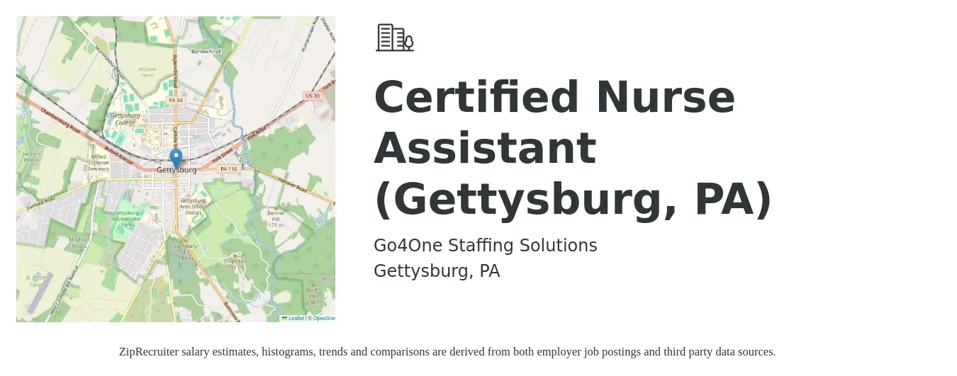 Go4One Staffing Solutions job posting for a Certified Nurse Assistant (Gettysburg, PA) in Gettysburg, PA with a salary of $400 to $500 Weekly with a map of Gettysburg location.