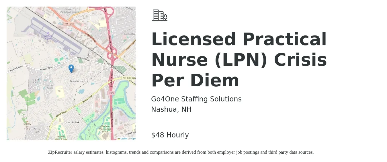 Go4One Staffing Solutions job posting for a Licensed Practical Nurse (LPN) Crisis Per Diem in Nashua, NH with a salary of $50 Hourly with a map of Nashua location.