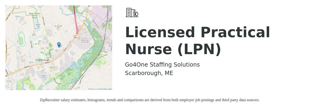 Go4One Staffing Solutions job posting for a Licensed Practical Nurse (LPN) in Scarborough, ME with a salary of $1,750 Weekly with a map of Scarborough location.