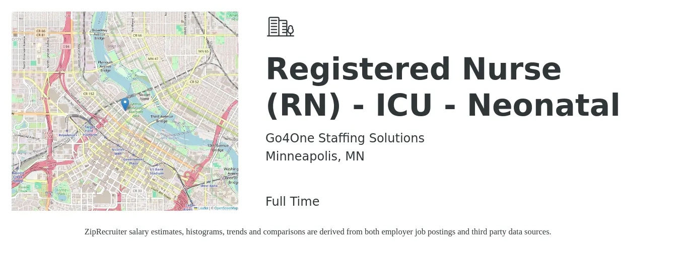 Go4One Staffing Solutions job posting for a Registered Nurse (RN) - ICU - Neonatal in Minneapolis, MN with a salary of $2,800 Weekly with a map of Minneapolis location.