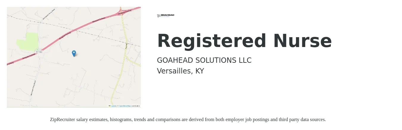 GoAhead Solutions job posting for a Registered Nurse in Versailles, KY with a salary of $28 to $44 Hourly with a map of Versailles location.