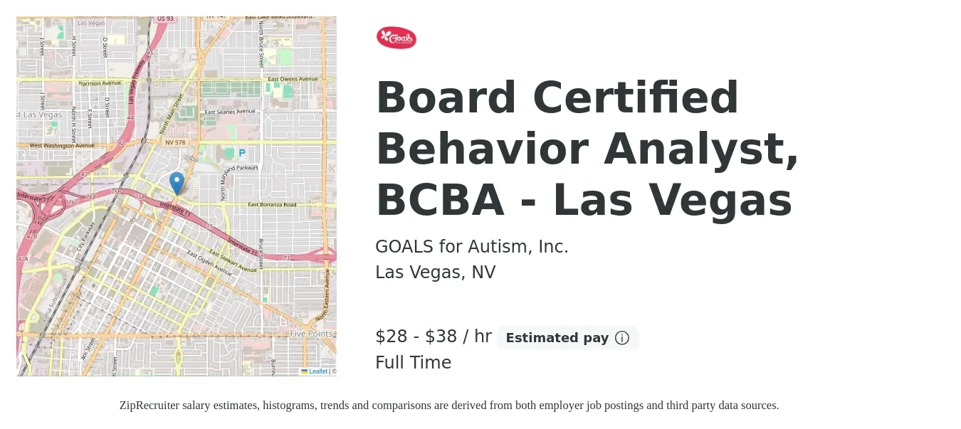 GOALS for Autism, Inc. job posting for a Board Certified Behavior Analyst, BCBA - Las Vegas in Las Vegas, NV with a salary of $30 to $40 Hourly with a map of Las Vegas location.