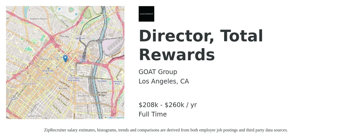 GOAT Group job posting for a Director, Total Rewards in Los Angeles, CA with a salary of $208,500 to $260,500 Yearly with a map of Los Angeles location.