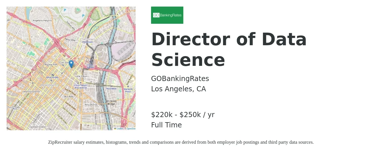 GOBankingRates job posting for a Director of Data Science in Los Angeles, CA with a salary of $220,000 to $250,000 Yearly with a map of Los Angeles location.