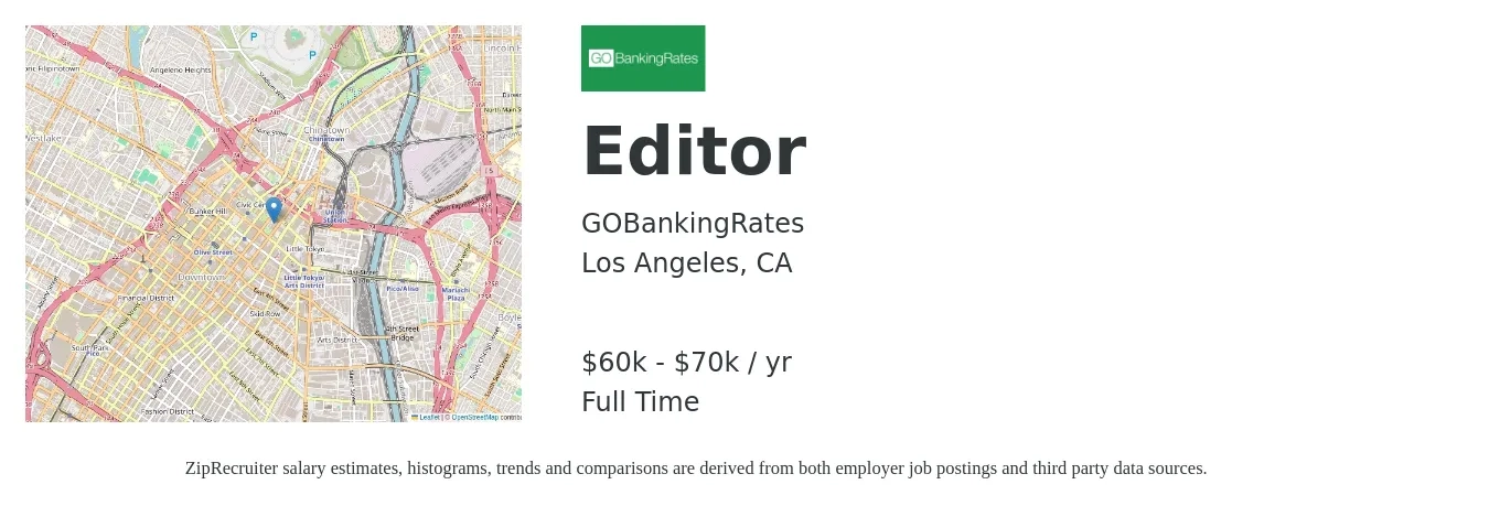 GOBankingRates job posting for a Editor in Los Angeles, CA with a salary of $60,000 to $70,000 Yearly with a map of Los Angeles location.