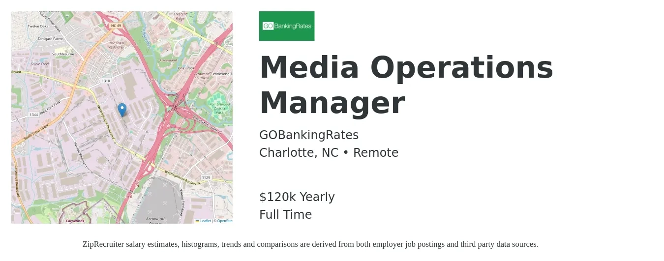 GOBankingRates job posting for a Media Operations Manager in Charlotte, NC with a salary of $120,000 Yearly with a map of Charlotte location.