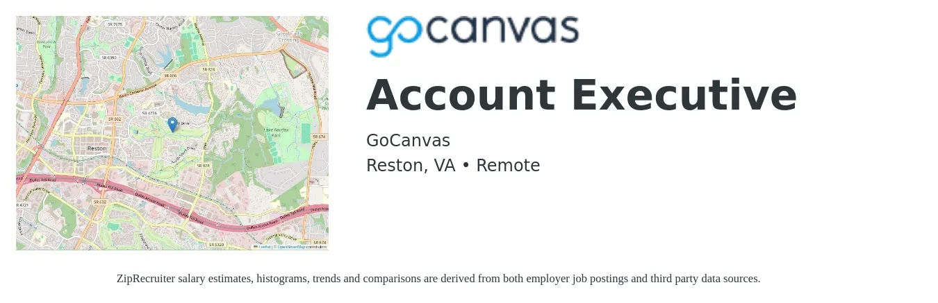 GoCanvas job posting for a Account Executive in Reston, VA with a salary of $56,200 to $98,800 Yearly with a map of Reston location.