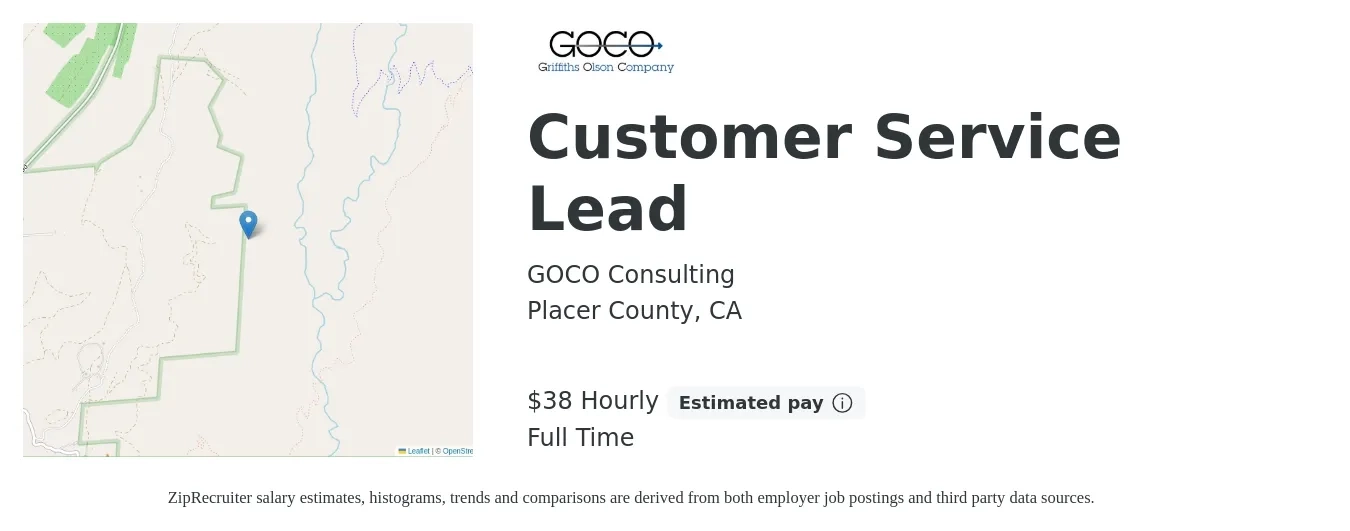 GOCO Consulting job posting for a Customer Service Supervisor in Placer County, CA with a salary of $40 Hourly with a map of Placer County location.