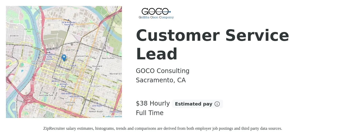 GOCO Consulting job posting for a Customer Service Lead in Sacramento, CA with a salary of $40 to $45 Hourly with a map of Sacramento location.