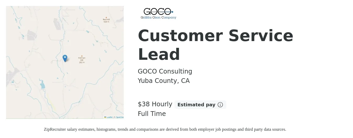 GOCO Consulting job posting for a Customer Service Supervisor in Yuba County, CA with a salary of $40 Hourly with a map of Yuba County location.