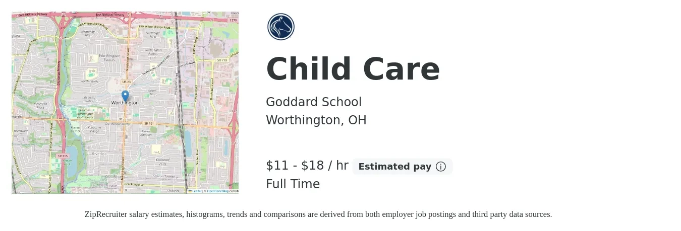 Goddard School job posting for a Child Care in Worthington, OH with a salary of $12 to $19 Hourly with a map of Worthington location.