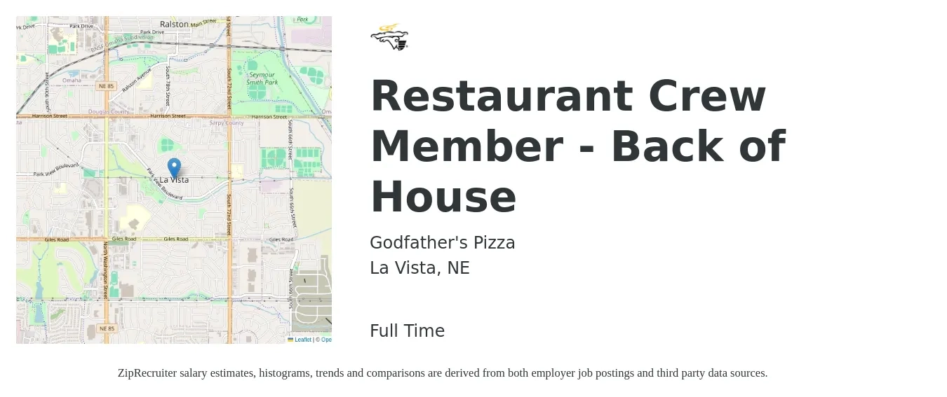 Godfather's Pizza job posting for a Restaurant Crew Member - Back of House in La Vista, NE with a salary of $12 to $15 Hourly with a map of La Vista location.