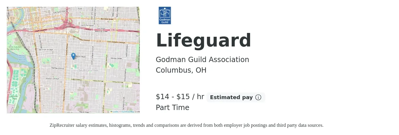 Godman Guild Association job posting for a Lifeguard in Columbus, OH with a salary of $16 to $16 Hourly with a map of Columbus location.