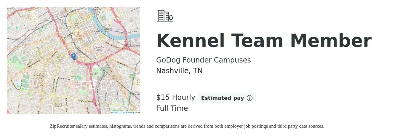 GoDog Founder Campuses job posting for a Kennel Team Member in Nashville, TN with a salary of $16 Hourly with a map of Nashville location.